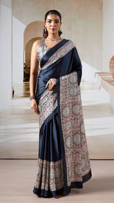 Black Ajrakh Contemporary Satin Modal Silk Saree